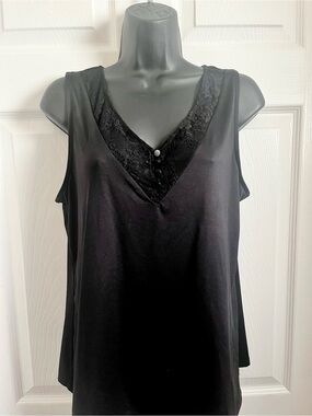 Y2K San Francisco Top Black Satin Fluid Camisole Large V-Neck Lace Sleeveless
